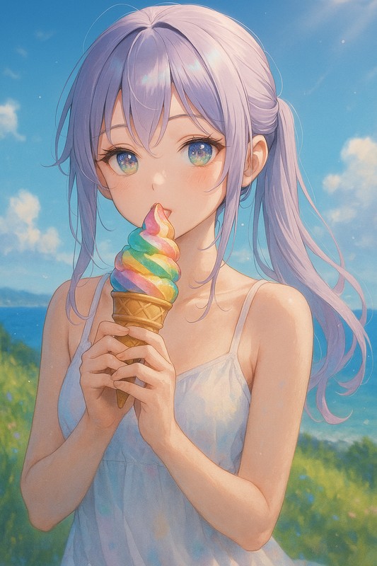 虹色ソフトを食べる美少女|AIプロンプト紹介