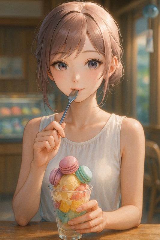 マカロン乗せアイスアイスを食べる美少女|AIプロンプト紹介