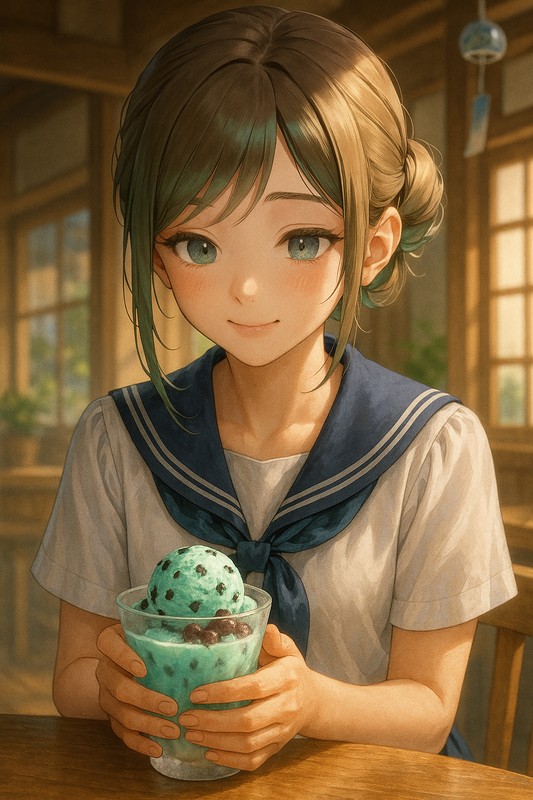 チョコミントカップアイスを食べる美少女|AIプロンプト紹介
