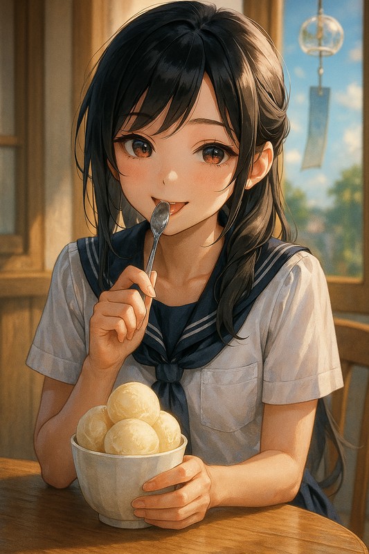 バニラカップアイスを食べる美少女|AIプロンプト紹介