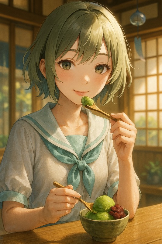 抹茶カップアイスを食べる美少女|AIプロンプト紹介