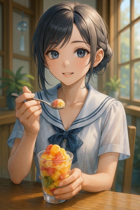 フルーツミックスカップアイスを食べる美少女|AIプロンプト紹介