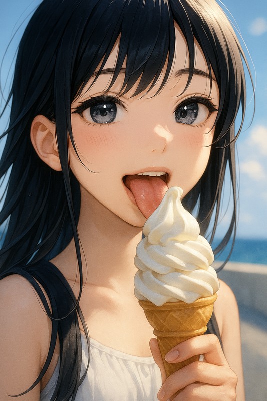 ソフトクリームを食べる美少女イラストの作成|AI画像
