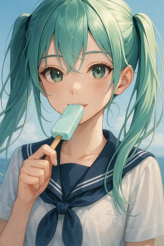ソーダアイスバーを食べる美少女イラストの作例|AI画像