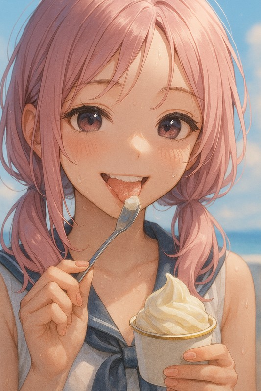ジェラートを食べる美少女イラストの作例|AI画像
