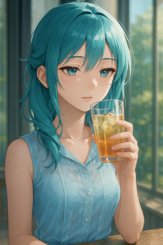ガラス製タンブラーを持つ美少女AIイラスト｜プロンプト紹介