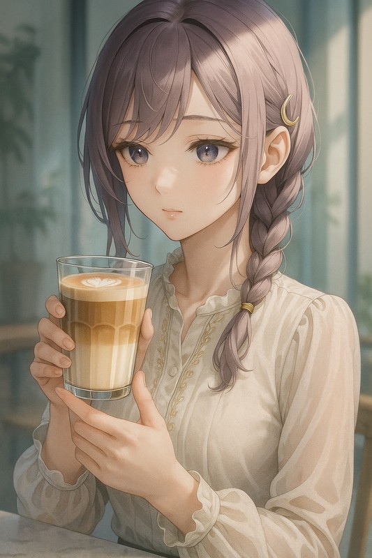 カフェラテグラスを持つ美少女AIイラスト｜プロンプト紹介