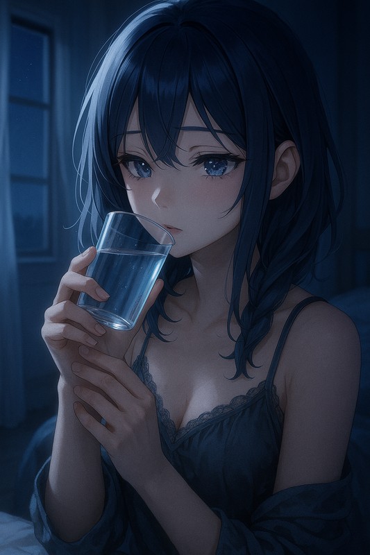 薄手のガラスコップ（ナイトカップ）を持つ美少女AIイラスト｜プロンプト紹介