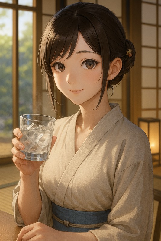 焼酎グラスを持つ美少女AIイラスト｜プロンプト紹介