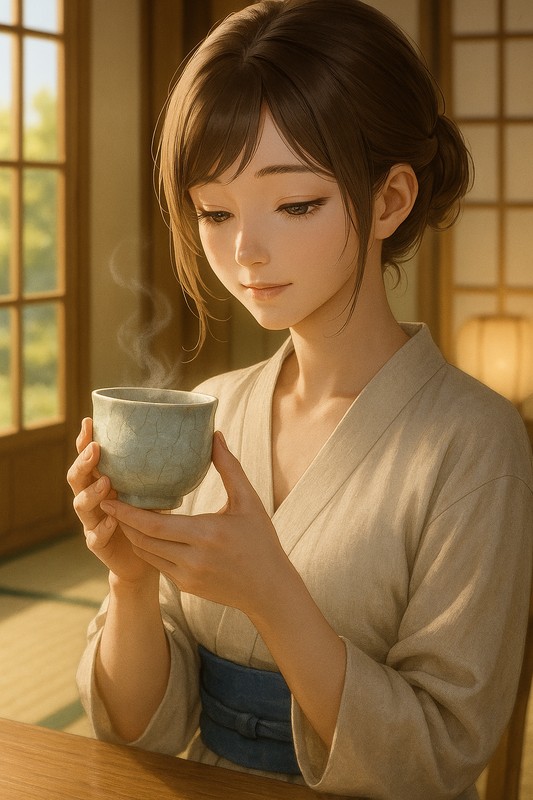 湯呑み茶碗を持つ美少女AIイラスト｜プロンプト紹介