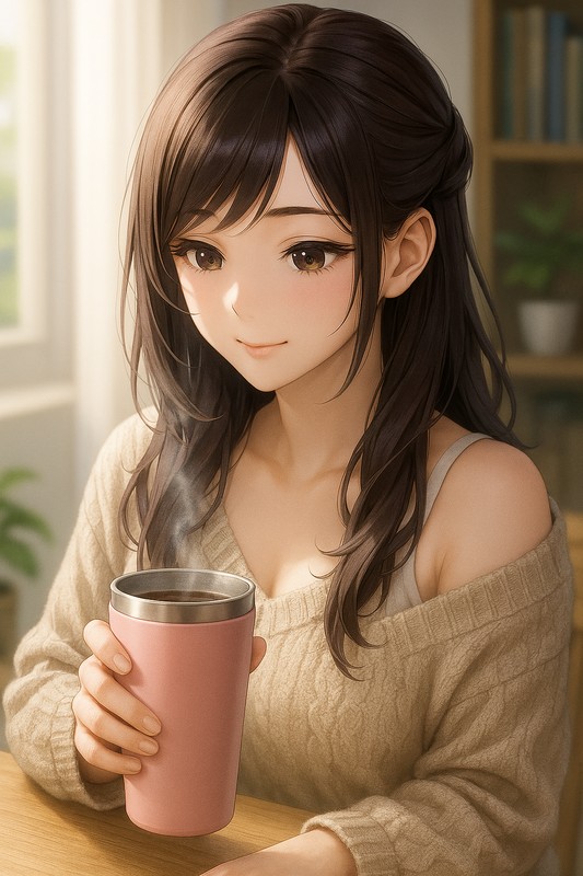 保温性のあるサーモカップを持つ美少女AIイラスト｜プロンプト紹介