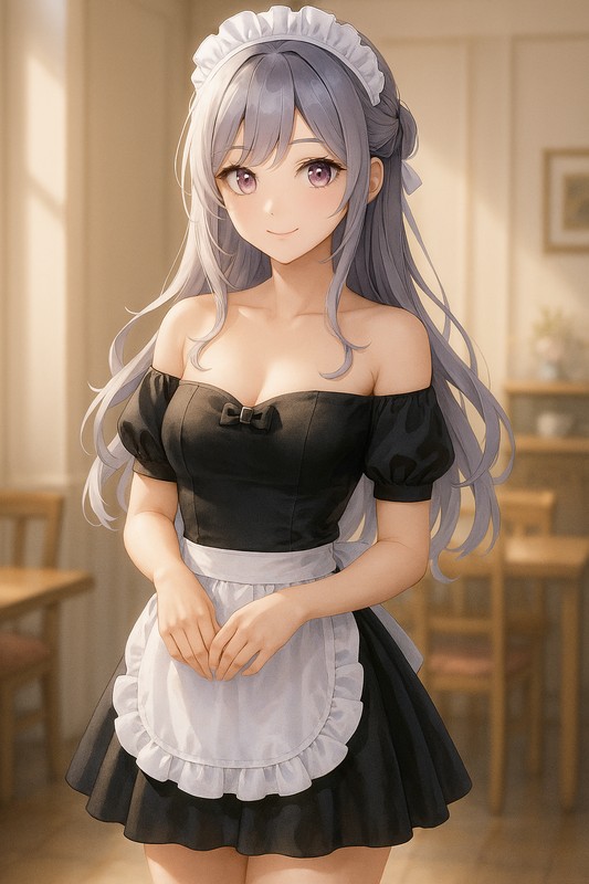 オフショルダーメイド服|AI画像プロンプト紹介