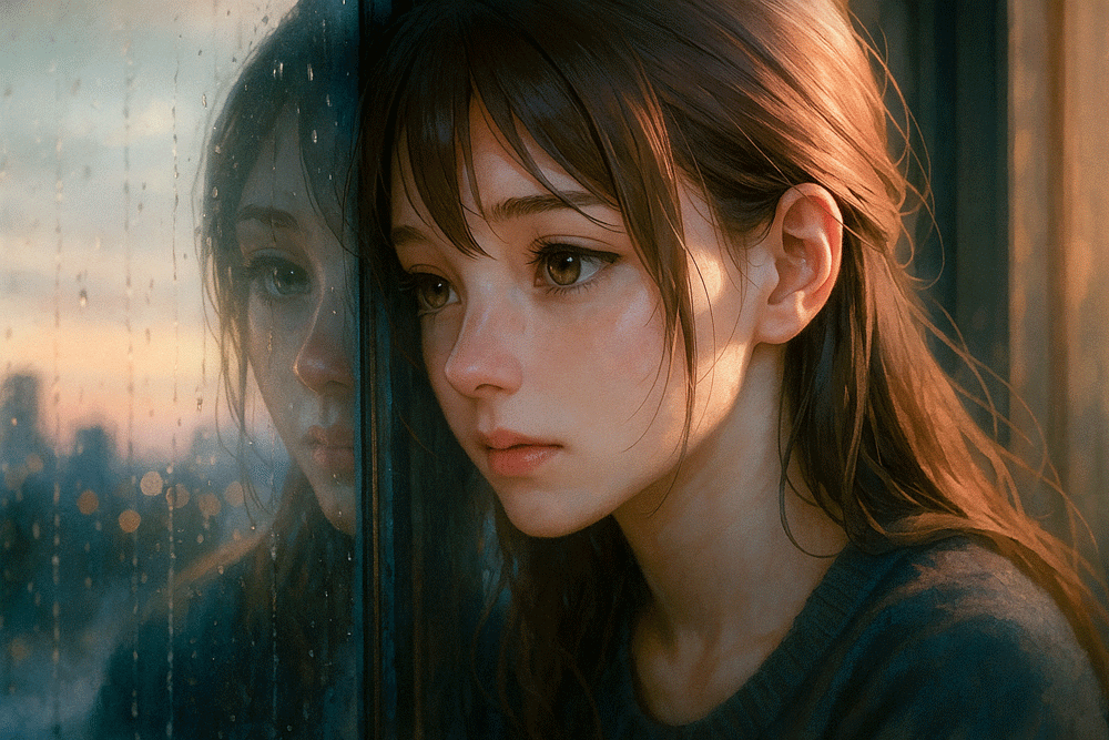 窓ガラスに顔を映すプロンプト|AIイラスト作例