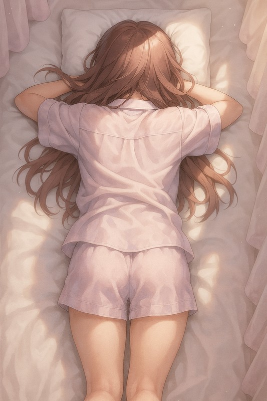 うつ伏せで寝ている美少女の後ろ姿-2|AIプロンプト解説