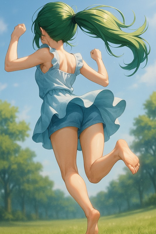 ジャンプ中の美少女の後ろ姿-3|AIプロンプト解説