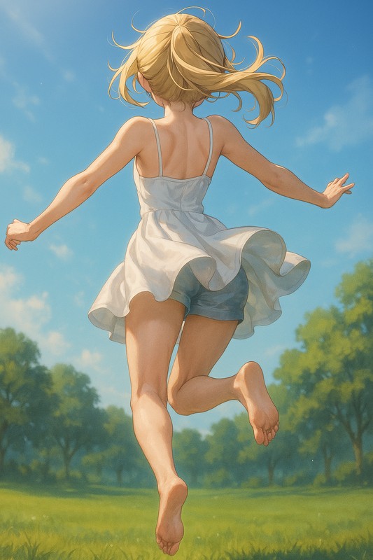 ジャンプ中の美少女の後ろ姿-2|AIプロンプト解説
