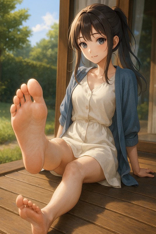 縁側でリラックスする美少女|足の裏のAI画像作例