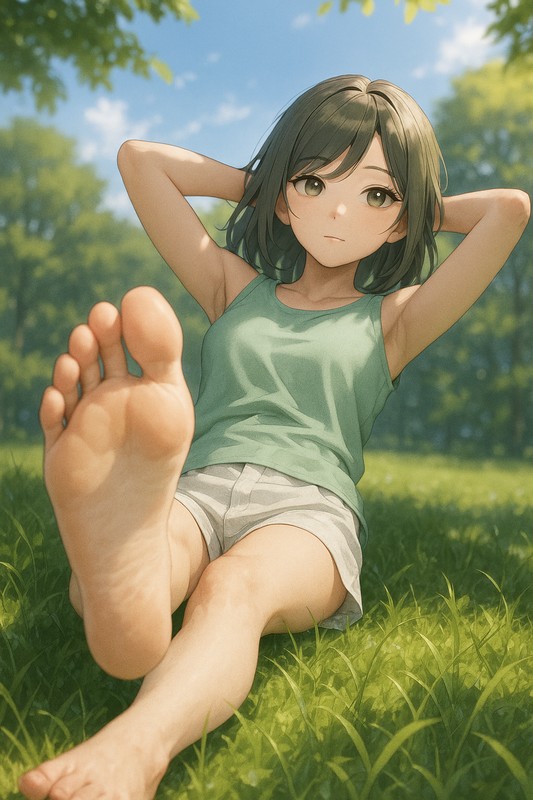 穏やかな草原に座る美少女|足の裏のAI画像作例