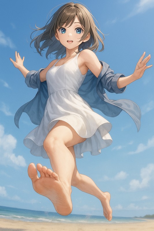 砂浜でジャンプする美少女|足の裏のAI画像作例