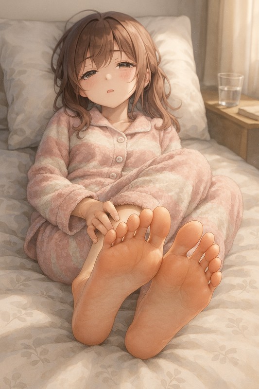寝室で寝転び、うたた寝をする美少女-1|足の裏のAI画像作例
