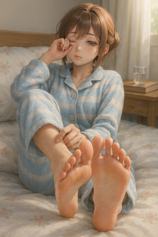 寝室で寝転び、うたた寝をする美少女-2|足の裏のAI画像作例