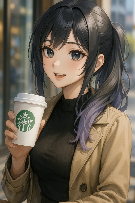 スタバカップ風のカップを持つ美少女AIイラスト｜プロンプト紹介