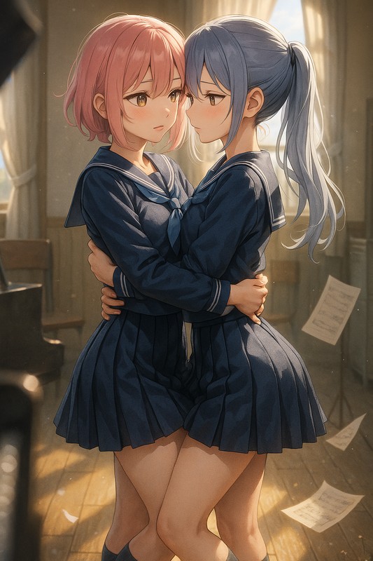 美少女同士で抱き合うポーズのAIイラスト作例|プロンプト紹介