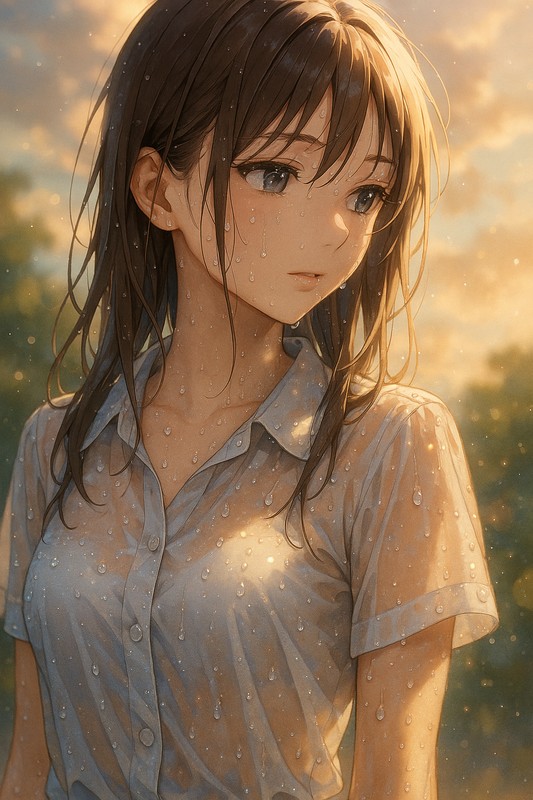 濡れた衣服に光る水滴のプロンプト|AI画像