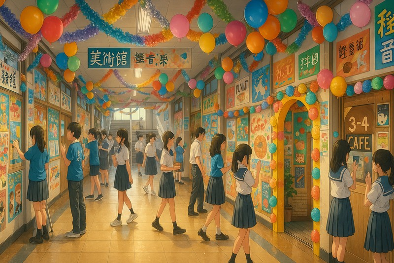 文化祭廊下の装飾の再現プロンプト｜AI画像