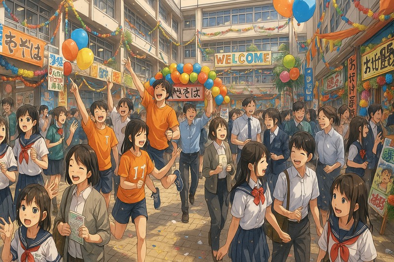 文化祭の賑やかな雰囲気の再現プロンプト｜AI画像