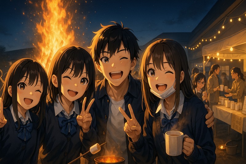 後夜祭キャンプファイヤーの再現プロンプト-2｜AI画像