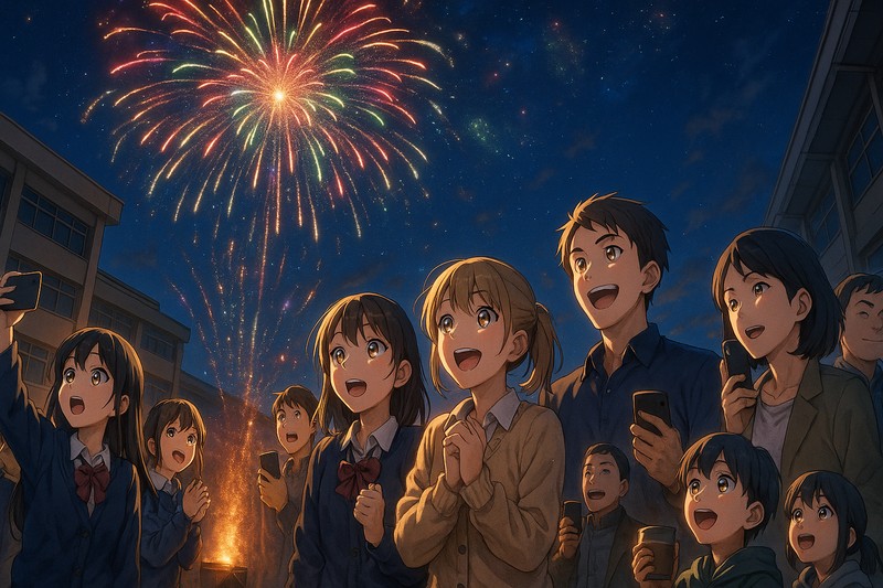 後夜祭の打ち上げ花火の再現プロンプト｜AI画像