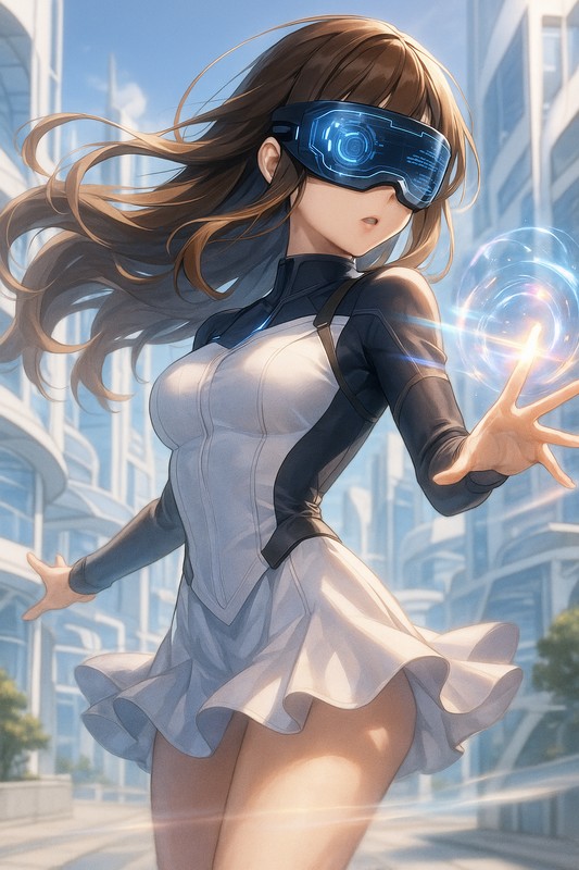 近未来的なUI風ゴーグルをつけた美少女イラスト|AI画像