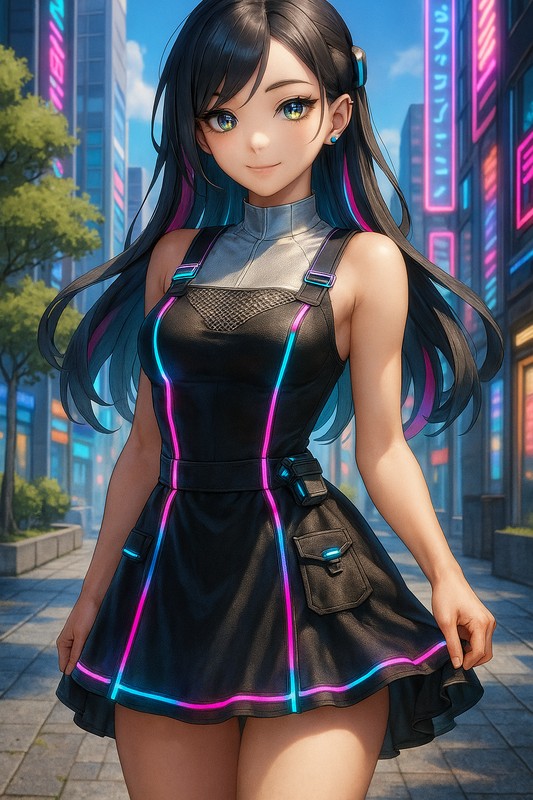 サイバーパンクジャンパースカートの美少女イラスト|AI画像