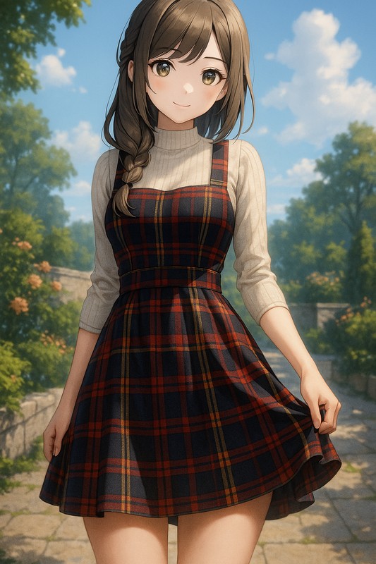 チェック柄ジャンパースカートの美少女イラスト|AI画像