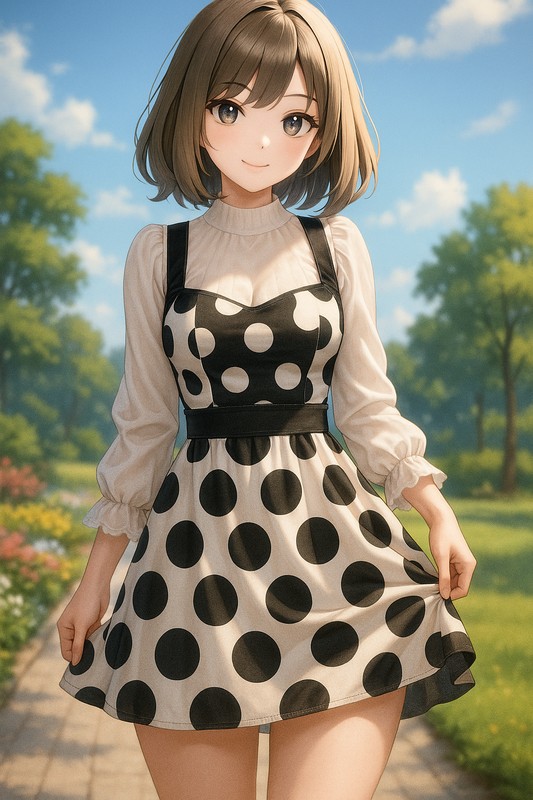 水玉ジャンパースカートの美少女イラスト|AI画像