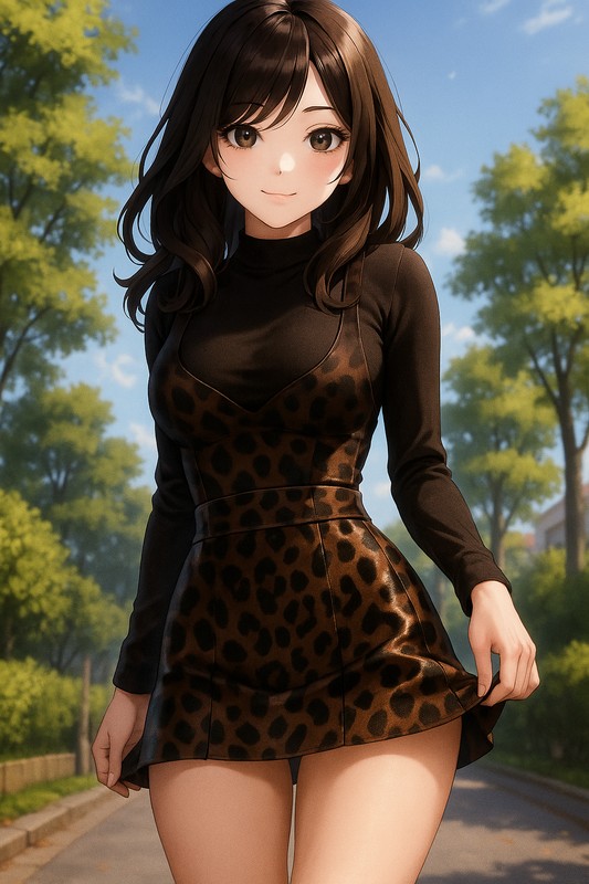 レオパード柄ジャンパースカートの美少女イラスト|AI画像