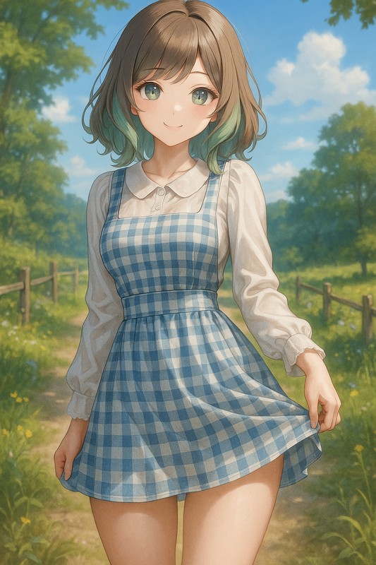 ギンガムチェックジャンパースカートの美少女イラスト|AI画像