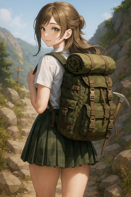 ベッドロール付き冒険バッグの美少女のプロンプト紹介|AIイラスト
