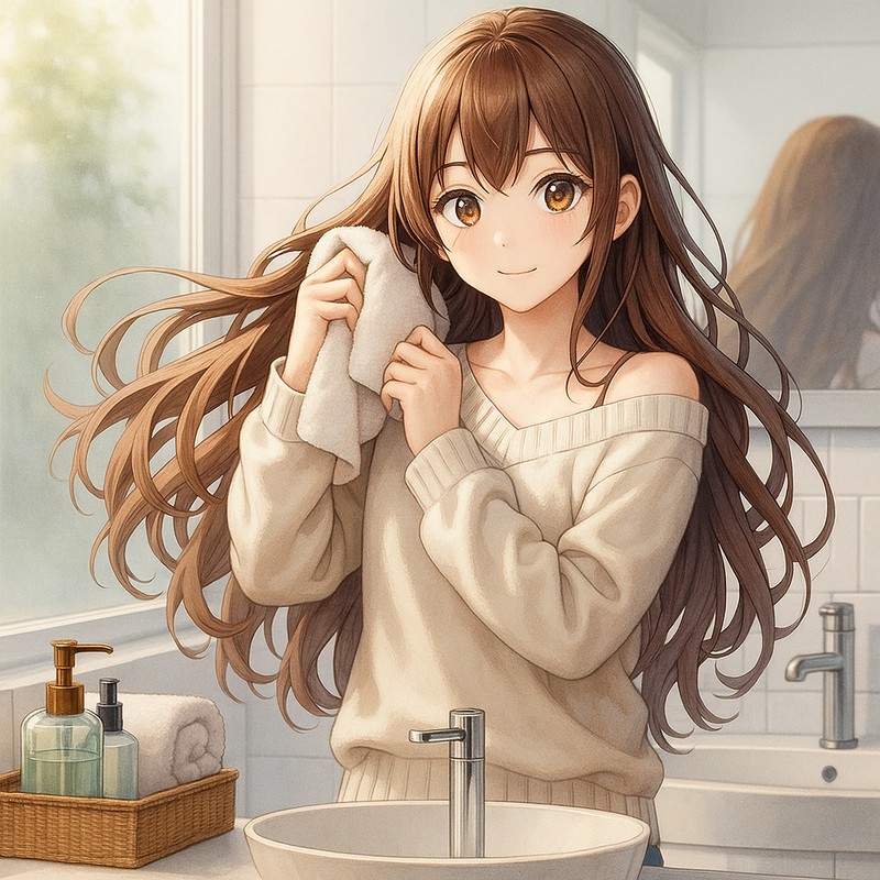 ChatGPT(4o Image Generation)による美少女イラストの作例|タオルで髪の毛を拭く