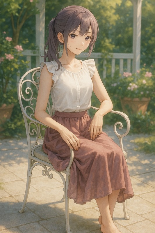 ガーデンチェアに座る美少女|AIプロンプト紹介