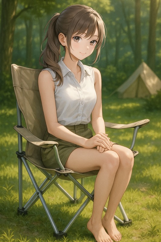 キャンプチェアに座る美少女|AIプロンプト紹介
