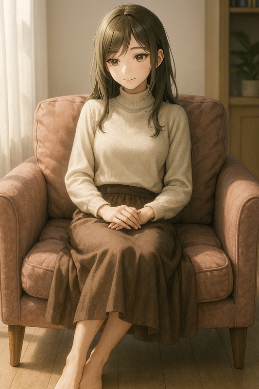 ソファチェアに座る美少女|AIプロンプト紹介
