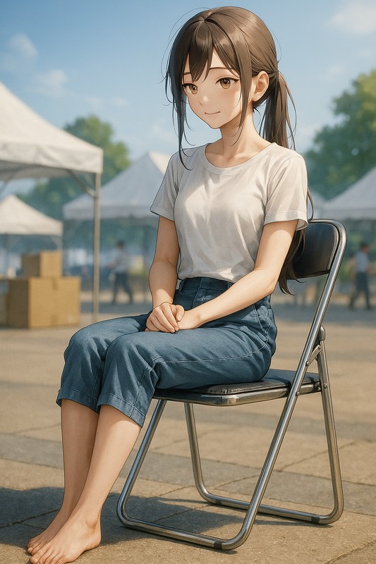 折りたたみ椅子に座る美少女|AIプロンプト紹介
