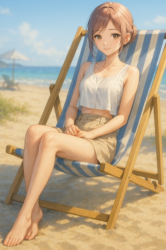 ビーチチェアに座る美少女|AIプロンプト紹介