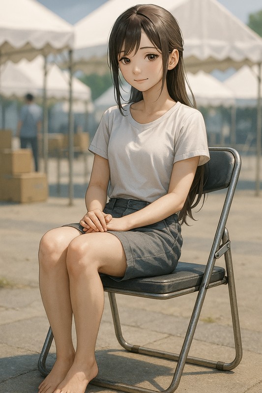 折りたたみ椅子(パイプ椅子)に座る美少女|AIプロンプト紹介