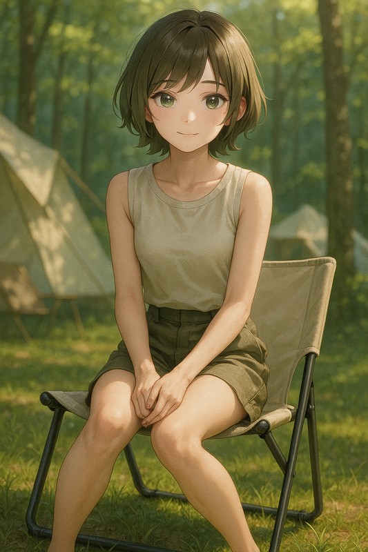 ローキャンプチェアに座る美少女|AIプロンプト紹介