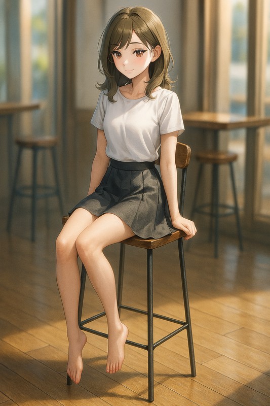背の高いスツールに座る美少女|AIプロンプト紹介