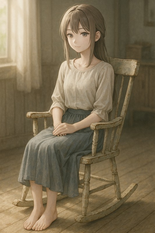 古びた木製チェアに座る美少女|AIプロンプト紹介