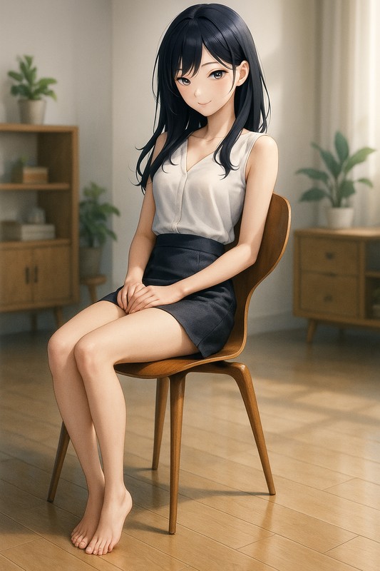 ミッドセンチュリーチェアに座る美少女|AIプロンプト紹介